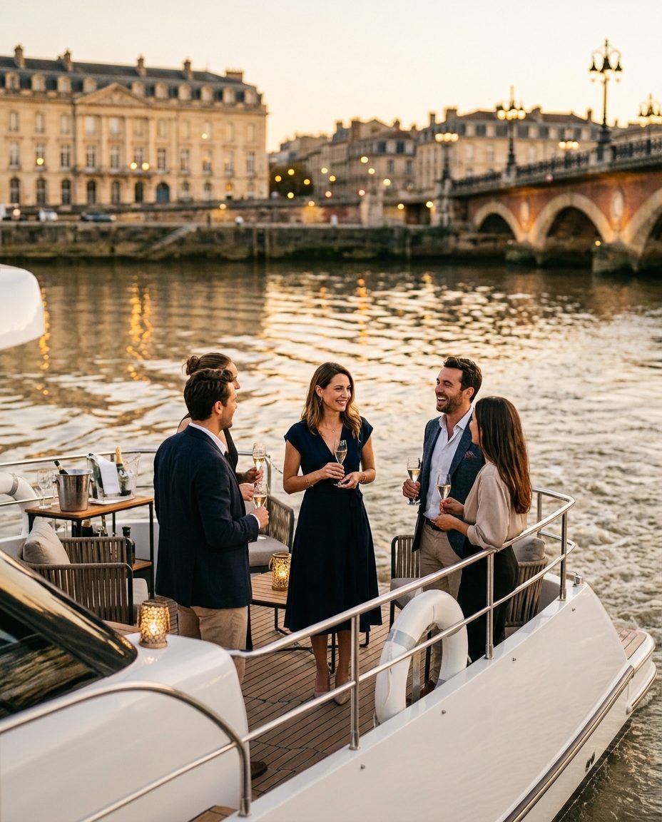 Private boat on the Garonne in Bordeaux with guests on board